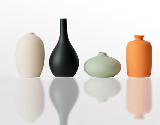 Set of 4 Small Matte Ceramic Vases - Modern & Bohemian Decor for Home, Office, Shelve, Living Room Table, Mantel, Bedroom, Entryway, Rustic Farmhouse Decorative Vases & More(Hademade