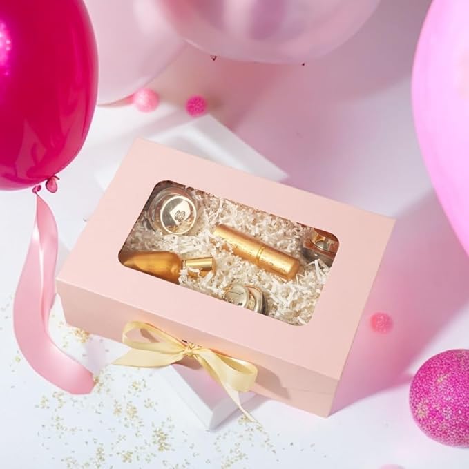 Pink Gift Box for Presents with Ribbon 10.8x7.5x3.5 Inches Clear Gift Box with Window Magnetic Closure Gift Boxes with Lids