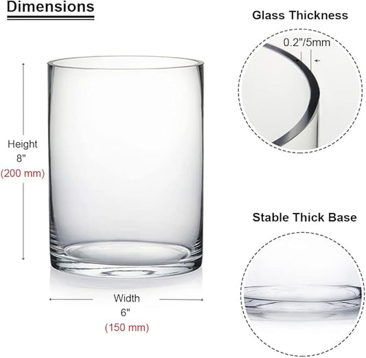 Enova Floral Clear Glass Cylinder Vase 6 x 8 Inches, Clear Flower Vases, Pillar Candle Hurricane Floating Candle Holder Vase, Glass Flower Vase for Wedding Centerpieces, Home Office décor (1 Piece)