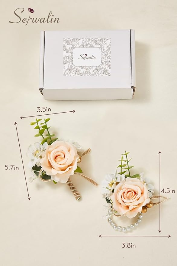 Serwalin Champagne Corsage and Boutonniere Set, Prom Flower Wrist Corsage Bracelets, Homecoming Roses Corsage Wristlet and Men Boutonniere for Wedding Flowers Accessories Prom Suit Decorations