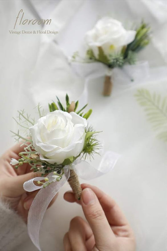 Floroom Set of 6 Ivory Rose Boutonnieres for Best Men Groom Groomsmen White Wedding Prom