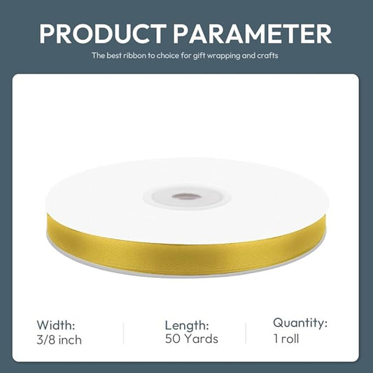 KMER LIFE 3/8" Wide x 50 Yards Golden Single Faced Polyester Satin Ribbon, Golden Satin Ribbon Perfect for Wedding Decor, Wreath, Crafts, Gift Wrapping & Other Projects (Golden)