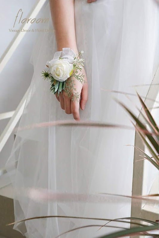 Floroom Ivory Rose Wrist Corsage Wristlet Band Bracelet for Women Bride Bridesmaid White Wedding Prom Set of 2