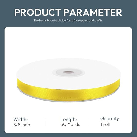 KMER LIFE 3/8" Wide x 50 Yards Yellow Single Faced Polyester Satin Ribbon, Yellow Satin Ribbon Perfect for Wedding Decor, Wreath, Crafts, Gift Wrapping & Other Projects (Yellow)