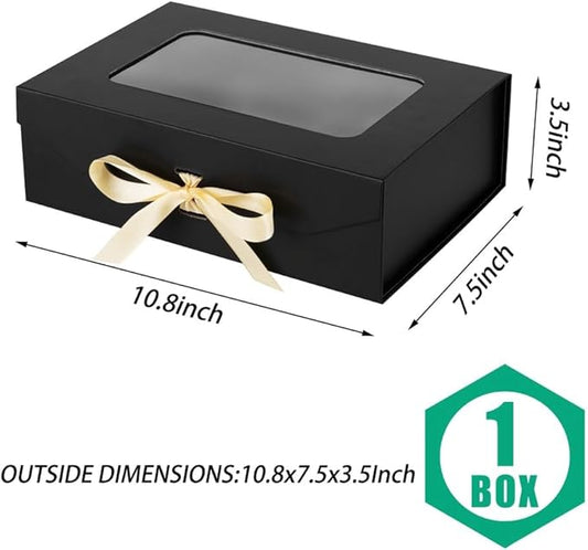 Black Gift Box for Presents with Ribbon 10.8x7.5x3.5 Inches Clear Gift Box with Window Magnetic Closure Gift Boxes with Lids