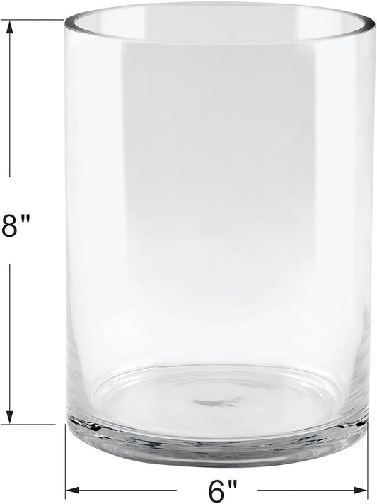 6" Wide 8" High Large Hand Blown Sturdy Clear Cylinder Glass Vase, Centerpiece Flower Vase for Rose, Tulip, Boquets, Hurricane Candle Holder (2, 6"x8")