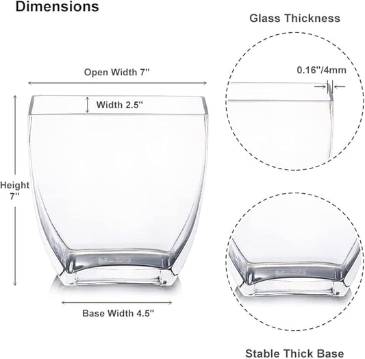 Enova Floral Clear Rectangle Glass Vases, 7x7x2.5 Inch Block Glass Vase for Flowers, Square Glass Vase for Wedding Centerpieces, Home Décor (1 Piece)