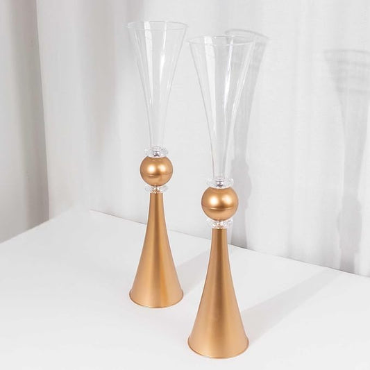 Efavormart 2 Pack Clear Gold Crystal Embellishment Trumpet Table Centerpiece, Reversible Plastic Flower Vase - 27"