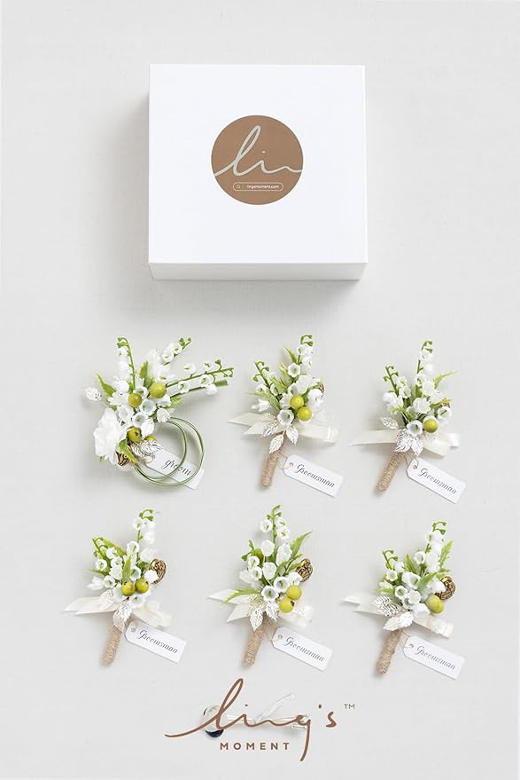 Ling's moment Boutonniere for Men, 6pcs Groom Groomsmen Boutonniere, Artificial Flowers for Wedding Decor/Prom/Homecoming, etc.White Lily & Olive
