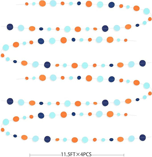 46 Ft Navy Blue Orange and Teal Circle Dots Garland Royal Blue Orange Aqua Polka Dot Hanging Paper Streamer for Birthday Wedding Bridal Baby Shower Outer Space Galaxy Theme Party Decorations Supplies