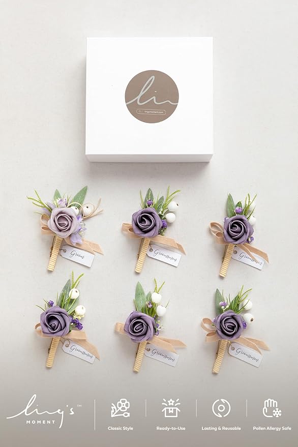 Ling's moment Boutonniere for Men, 6pcs Groom Groomsmen Boutonniere, Artificial Flowers for Wedding Decor/Prom/Homecoming, etc.Lilac Berry