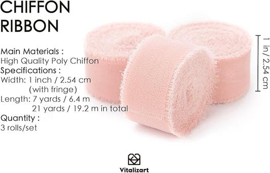 Vitalizart Blush Pink Chiffon Silk Ribbon 1" x 21 Yd Fringe Fabric Package (3 Rolls * 7 Yd) for Wedding Invitations Bridal Bouquets Decorations Gifts Wrapping & Bow Making Light Pink