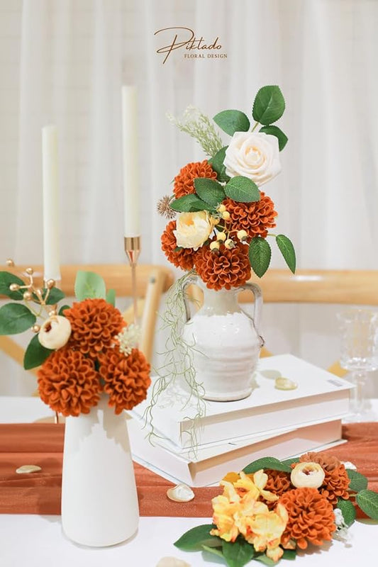 Artificial Wedding Cake Flowers Dahlia Flowers 25 pcs with Stem for DIY Wedding Decor Centerpieces Arrangements Bouquets (Orange)