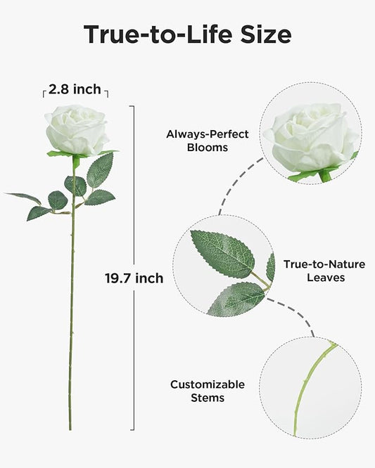 InnoGear 50 Pcs White Roses Artificial Flowers, Fake Velvet Silk Rose Bulk Faux Flower for Decoration DIY Wedding Centerpieces Proposal Bridal Bouquets Shower Party Home Floral Decor (50, White)