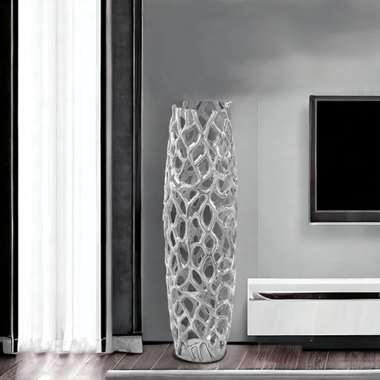 Modern Day Accents 3603 Rama Silver LG Twigs Barrel Floor Vase, Statement Piece, Tall Standing, Corner Decor 9" Lx 9" W x 31.5" H, House & Office Decor
