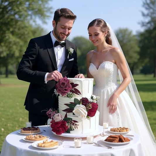 Pre-Made Burgundy Gold Silk Flowers for Cakes Decorations Dark Red Artificial Rose Peony Wedding Cake Toppers Decorating Fake Floral Anniversary Birthday Party Arrangements Table