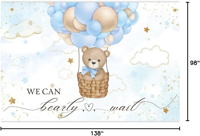 ChloropLastid We Can Bearly Wait Baby Backdrop Boy Bear Hot Air Balloon Baby Shower Photography Background Blue Balloons Clouds Stars Baby Party Cake Photo Decoration 12x8ft