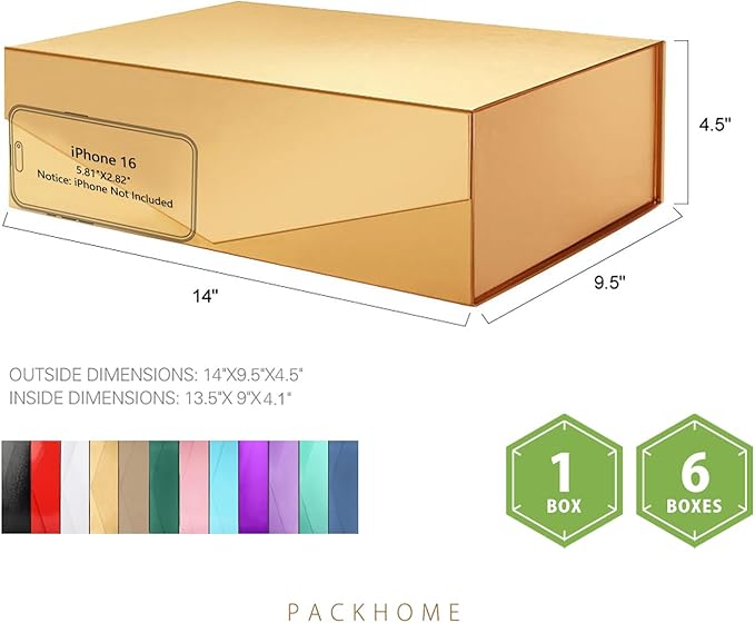 PACKHOME Large Christmas Gift Box with Lid 13.5x9x4.1 Inches, Sturdy Collapsible Gift Box with Magnetic Closure for Xmas (Glossy Gold)