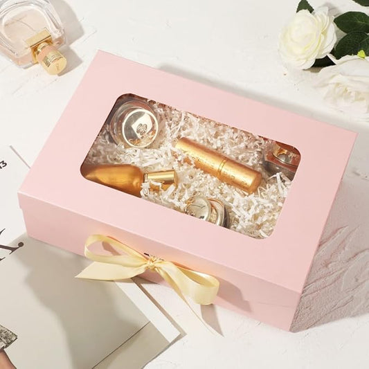 5 Pcs Pink Gift Box for Presents with Ribbon 10.8x7.5x3.5 Inches Clear Gift Box with Window Magnetic Closure Gift Boxes with Lids