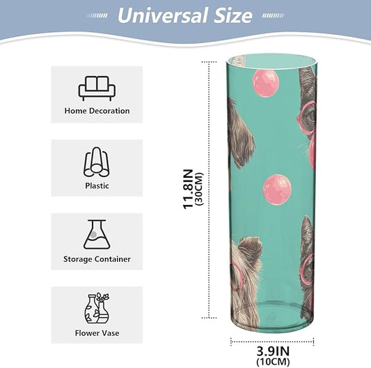 Flower Vase Clear Plastic Cylinder Vases Decor for Centerpieces Home Storage Office Weddings Pink Glasses Cats Dogs and Bubbles 11.8 x 3.9 in