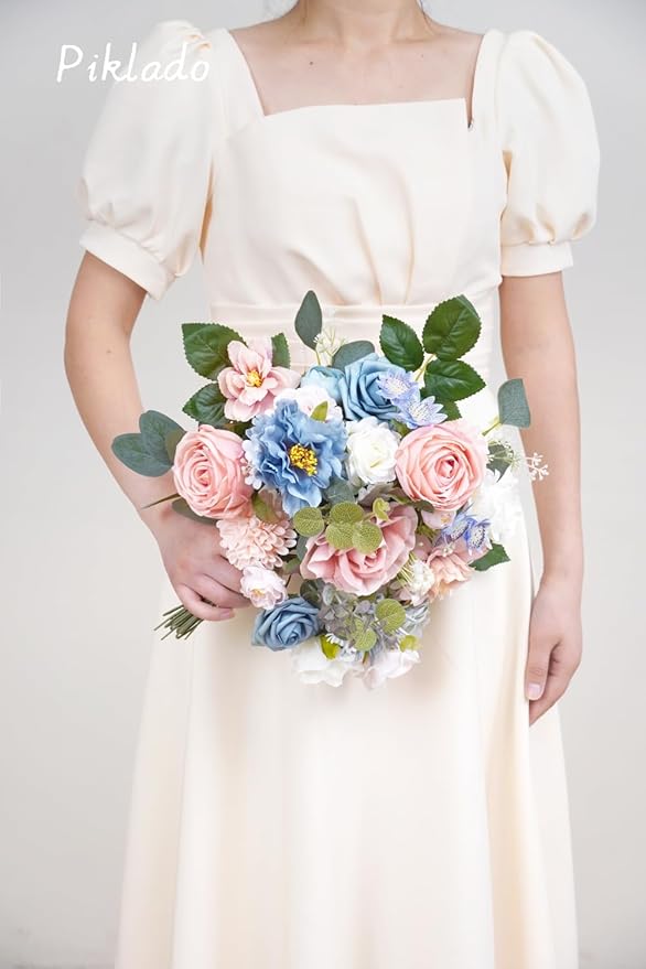 Artificial Flower Combination Box Set Artificial Flower Loose Leaves and Stems DIY Wedding Center Bouquet Bride Wedding Baby Shower(Nostalgia Blue Powder)