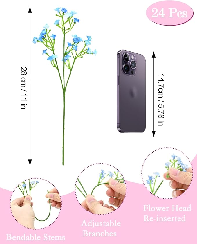 48Pcs Babys Breath Artificial Flowers, Fake Baby Breath Flowers Artificial Bulk Faux Gypsophila Real Touch Flowers for Wedding DIY Bouquet Floral Arrangement Party Home Garden Decoration, Blue