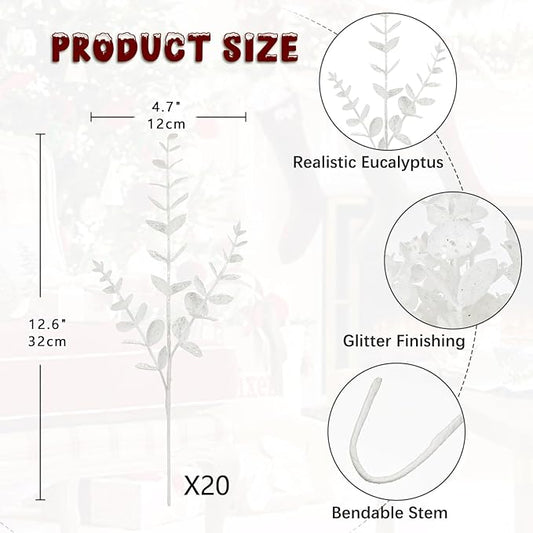 Hollyone 20 Pcs Glitter Artificial Eucalyptus Branches 13" Christmas Christmas Tree Picks and Sprays White Fake Eucalyptus Leaves for DIY Christmas Tree Garland Wreath Crafts Home Decoration