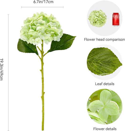 Fake Hydrangea Artificial Flowers with Stems 6 PCS 19.3" Latex Faux Hydrangea Flowers Bulk Real Touch for Vase Indoor Home Decoration Wedding Centerpieces Arrangements (Light Green)