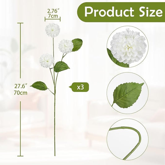 Hollyone 27.6" White Artificial Dahlia Flowers 3Pcs Fake Roses Bouquet Ball Dahlia Flower Arrangement Faux Pincushion Flower with 3 Heads Long Stem for Centerpiece Home Decor