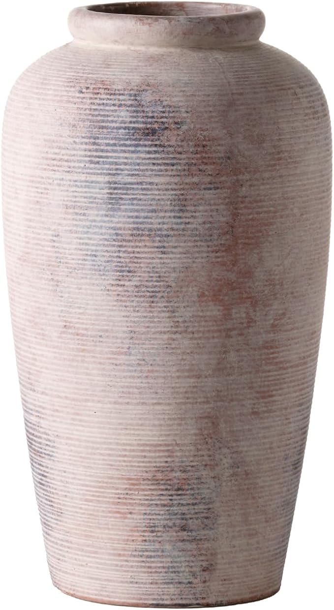 Large Rustic Ceramic Vase, 11 Inch Farmhouse Decorative Vases for Home Decor, Vintage Tall Flower Vase for Dining Table Centerpiece Living Room Kitchen Fireplace Mantle Bookshelf, Wabi Sabi Decoration