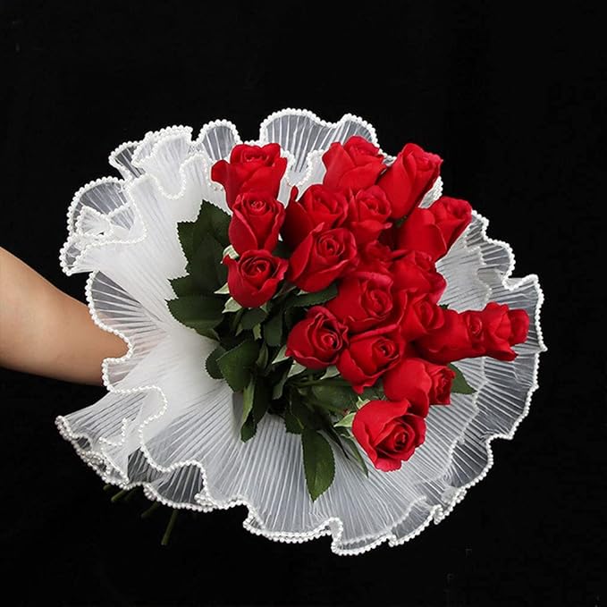 FWSA WRAPS Korean Flower Wrapping Mesh Paper White Pearl Edge Bouquet Packaging Paper Wrinkled Wavy Net Yarn Mother's Day Valentine's Day Wedding Birthday Decoration 11X162 inches/bag (Pearl White)