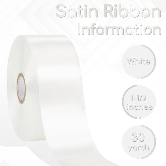 White Satin Ribbon 1-1/2 Inch 30 Yards, White Ribbon for Gift Wrapping, Flower Bouquet, Crafts, Baby Shower, Christmas, Wedding and Bow Making
