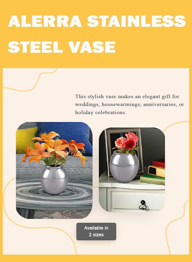 Serene Spaces Living Alerra Stainless Steel Vase, Round Modern Silver Flower Vase, Minimalist Metal Accent for Home, Office, Wedding, or Event Centerpieces, Ideal Gift, 4.5" Diameter & 4.5" Tall