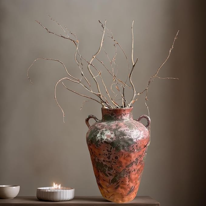 8IN Rustic Farmhouse Ceramic Vase Home Decor, Vintage Stoneware Clay Pottery Terracotta Textured for Modern Farmhouse, Living Room, Office Desk Table Shelf(Brown and Green)
