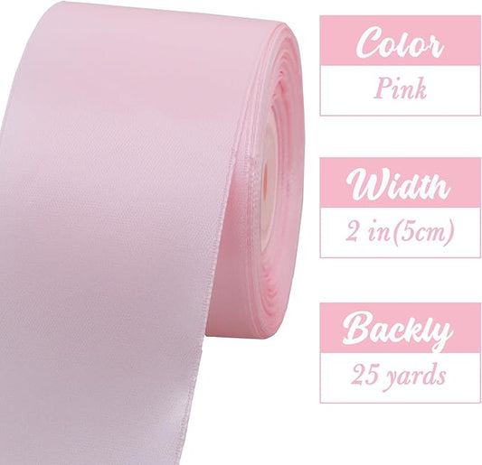 TONIFUL 2 in x 25 Yds Wide Light Baby Pink Satin Ribbon Solid Fabric Ribbons Roll for Crafts Chair Sash Valentine's Day Gift Wrapping Invitation Cards Floral Hair Bows Sewing Party Wedding Decoration