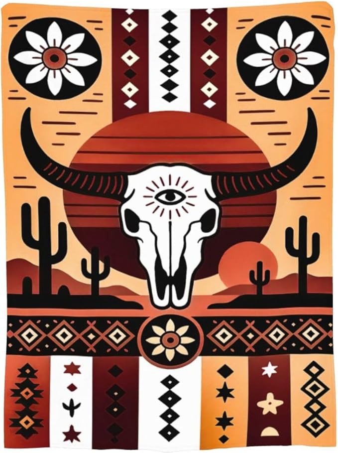 Western Boho Bull Skull Blanket Southwest Aztec Tribal Southwestern Navajo Throw Blanket Soft Cozy Fleece Fuzzy Stuffed Plush Flannel Gifts for Girls Women Boys Kids Adults 40''x50''