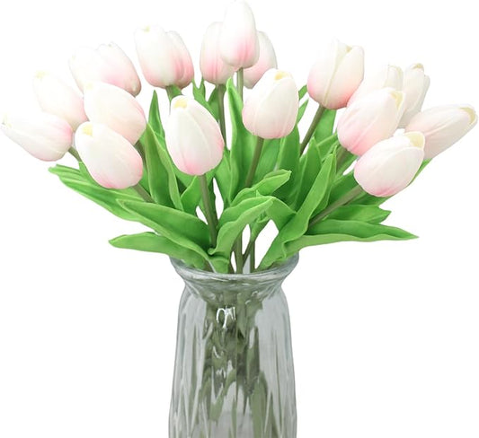 10-Heads Home Decor Mini Tulip Real Touch Tulip Artificial Flowers Bouquets for Home Wedding Party Centerpiece Decoration (Pink and White)