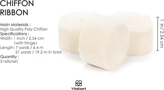 Vitalizart Ivory White Chiffon Silk Ribbon 1" x 21 Yd Fringe Fabric Package (3 Rolls * 7 Yd) for Wedding Invitations Bridal Bouquets Decorations Gifts Wrapping & Bow Making Cream