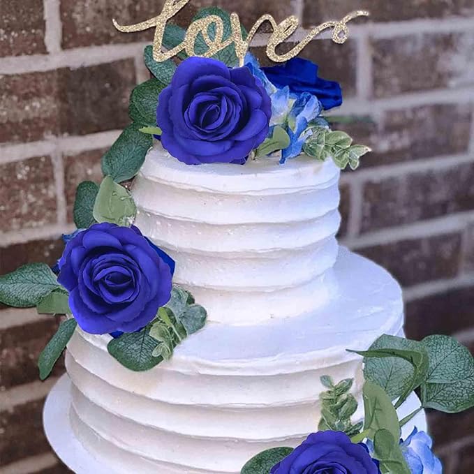 Felice Arts 12 Pack Royal Blue Artificial Flowers Blue Roses with Stems Silk Roses Fake Flowers Bouquet for Wedding Graduation Centerpiece Table Vase Home Kitchen Party DIY Decor