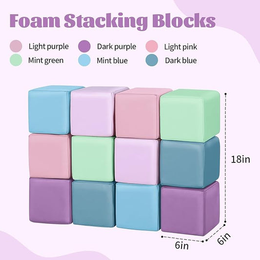 Foam Building Blocks for Toddlers:12-Pieces Wipeable Leather Stacking Cubes Kids - Large Soft Toys Play Set for Learning Construction Baby Preschool Daycare Therapy Birthday Gift (Purple Pink)