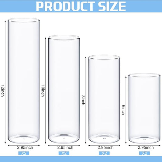 Sawysine 8 Pcs Glass Cylinder Vases 2.5''/2.95''/3.9'' Diameter Clear Flowers Vase Hurricane Floating Candles Holders for Table Centerpieces (2.95 x 6 in,2.95 x 8 in,2.95 x 10 in,2.95 x 12 in)