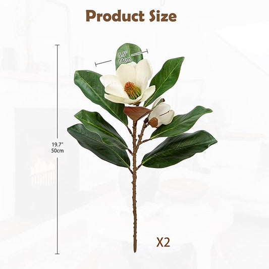 Briful Artificial Magnolia Floral Stems 2PCS 19.7'' Tall Faux Magnolia Silk Flowers Bouquet Fake Greenery Branches for Home Wedding Arrangements Table Vase Centerpieces Rustic Decor(Vase not Included)