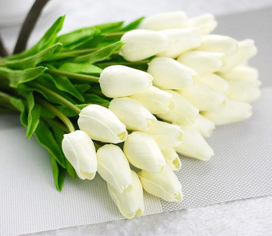 30pcs Artificial Tulips Flowers Real Touch Tulips Fake Holland PU Tulip Bouquet Latex Flower White Tulip for Wedding Party Office Home Kitchen Decoration (Pure White)