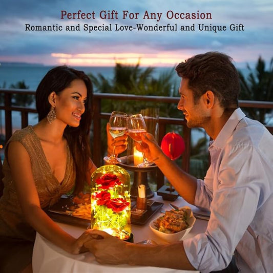Christmas Rose Gifts for Her,Beauty and The Beast Rose Flowers 40 LED Lights Rose in Glass Dome,Woman Gifts for Christmas,Christma Ornaments Artificial Flower Rose Gift Romantic Gifts for Women