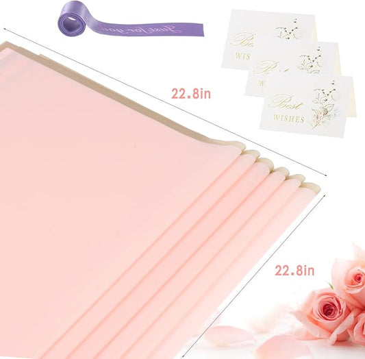 YIDATIKER 20 sheet Flower Wrapping Paper,waterproof floral wrapping paper for bouquets,DIY Florist Supplies Packaging Paper with satin ribbon for Wedding,Brithday,Valentine's Day(Pastel Pink