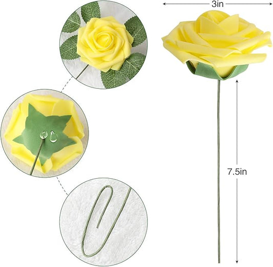 AmyHomie Artificial Flower Yellow Rose 25pcs Real Looking Fake Roses w/Stem for DIY Wedding Bouquets Centerpieces Arrangements Party Baby Shower Valentines Day Christmas Tree Decorations