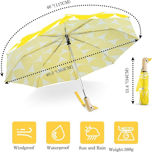 Cute Duck Umbrella Automatic - Compact Pretty Pocket Size Strong Duck Collapsible Umbrella Yellow Wooden Handle for Women