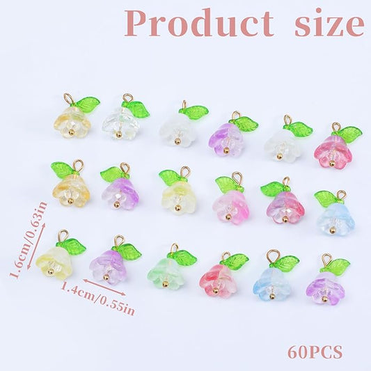 60Pcs Glass Flower Charms for Jewelry Making, Crystal Glass Floral Pendants Gold Floral Beads Charms Transparent Blooming Rose Dangle Charm for Jewelry Making Bracelet Earring Necklace Craft