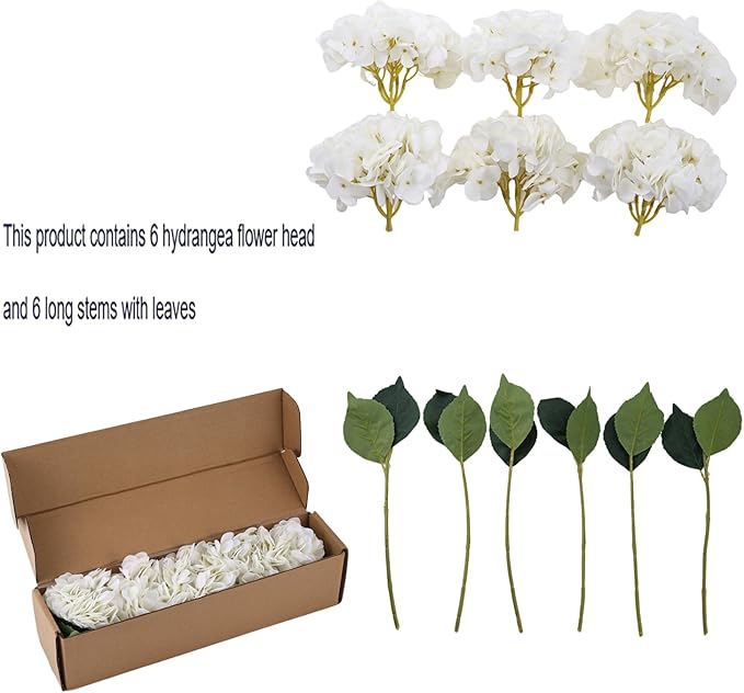 Kimura's Cabin 6pcs Faux White Hydrangeas Fake Flowers Artificial Silk Hydrangea Flower With Stems Bouquets Arrangement for Home Table Centerpieces Wedding Baby Shower Birthday Party Decoration(White)