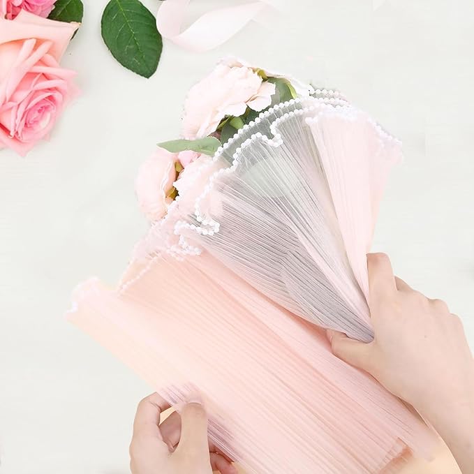 Cftone 4 Yards Pearl Edge Flower Wrapping Mesh Paper with 3/5 inch Organza Ribbon 50 Yard Gift Wrap Ribbon, Bouquet Transparent Mesh Wrapping Paper for Mother's Day Valentine's Day Wedding Graduation Birthday Gift (Black with 50 Yard Black Ribbon)